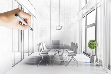 Naklejka na ściany i meble Modern hand drawn meeting room office interior with table, armchairs, window with city view and daylight. Repairs and refurbishment concept.