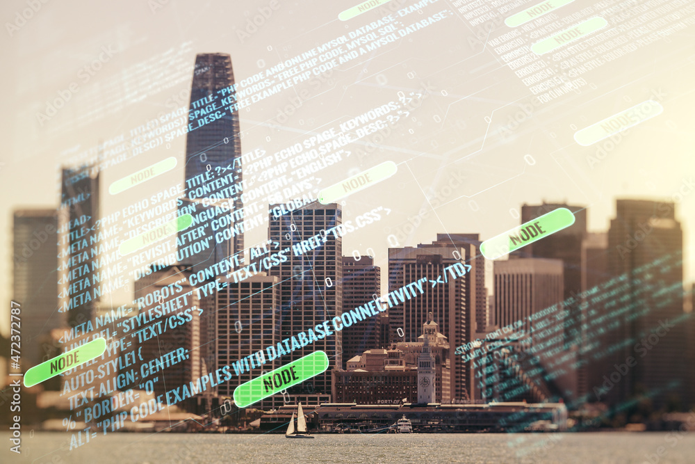 Poster multi exposure of abstract creative coding sketch on san francisco city skyline background, artifici
