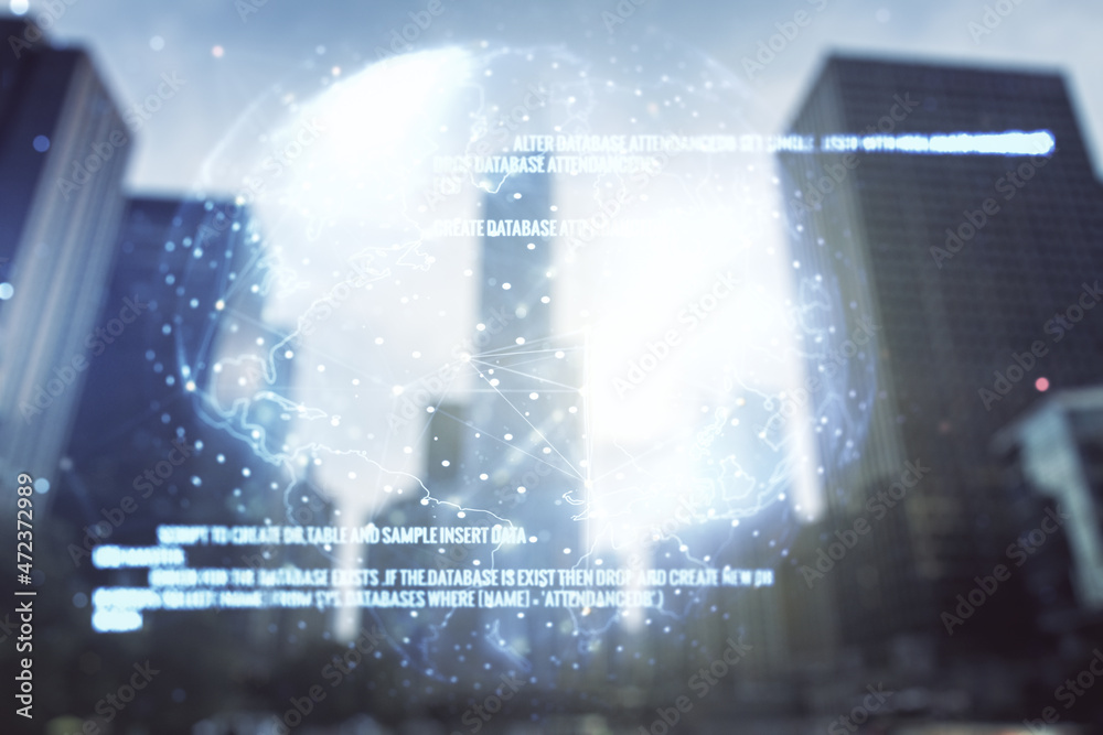 Poster multi exposure of abstract programming language hologram and world map on blurry cityscape backgroun