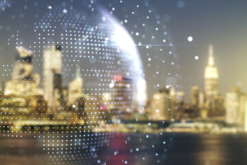 Double exposure of abstract digital world map on blurry cityscape background, research and strategy concept