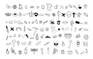 Fototapeta na wymiar Set of pop culture doodles. Icons for creating patterns, wallpapers, covers, tattoos.