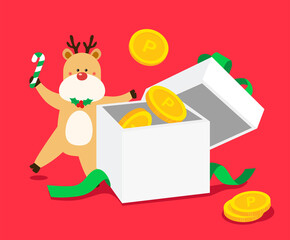 Rudolph makes coins come out during a magic show. illustration set. Deer, Christmas, holiday, gift, box. Vector drawing. Hand drawn style.