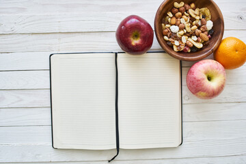 fruit cereals proper nutrition notepad breakfast diet top view