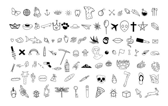 Set of pop culture doodles. Icons for creating patterns, wallpapers, covers, tattoos.