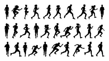 Fototapeta na wymiar Collection of running black silhouettes of men and women.