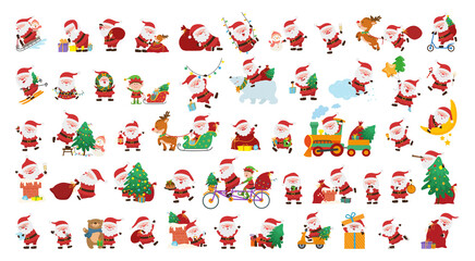 Collection of cute funny illustrations with Santa Claus. Christmas set of characters for creating stickers, cards, prints.