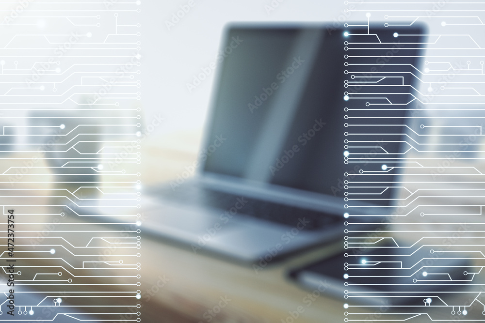 Aufkleber Creative concept of microscheme illustration and modern desktop with computer on background. Big data and database concept. Multiexposure