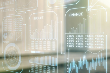 Multi exposure of creative statistics data hologram on modern business center exterior background, stats and analytics concept