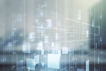 Obraz premium Double exposure of abstract creative statistics data hologram on contemporary business center exterior background, analytics and forecasting concept