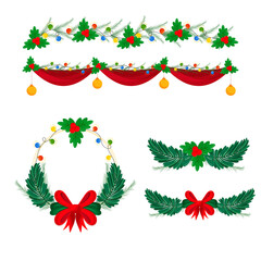 Naklejka na ściany i meble Collection Of Fir Or Pine Leaves With Holly Berries, Baubles, Lighting Garland On White Background.