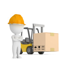 3d small people - worker on the background of a forklift