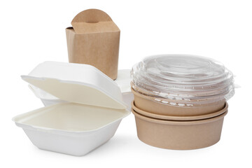 Set of different containers for food on white background