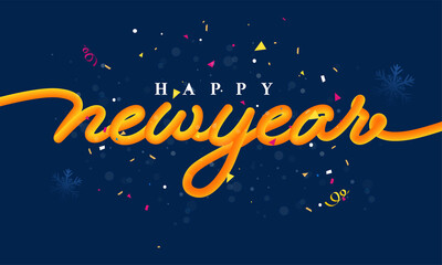 Happy New Year Font With Confetti And Snowflakes On Blue Background.