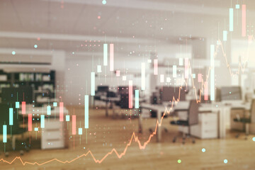 Fototapeta premium Multi exposure of virtual creative financial chart hologram on modern corporate office background, research and analytics concept