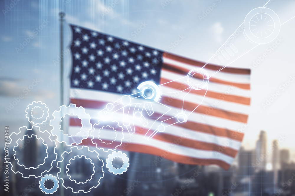 Aufkleber abstract virtual robotics technology hologram on usa flag and blurry skyscrapers background, artific