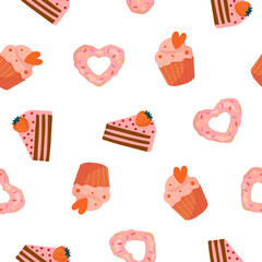 Seamless pattern with cartoon heart shaped donut, muffin, cake. Background for wrapping paper, textile, posters, cards.