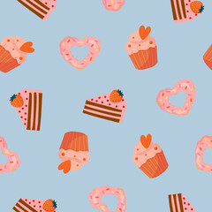 Seamless pattern with cartoon heart shaped donut, muffin, cake. Background for wrapping paper, textile, posters, cards.