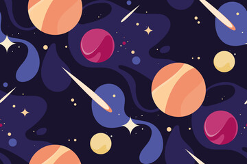 Seamless pattern with planets and comets. Texture with space objects in flat style.