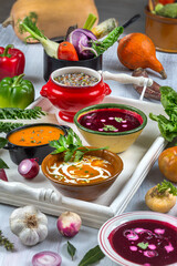 Vegetable soups in situation of gastronomy presentation