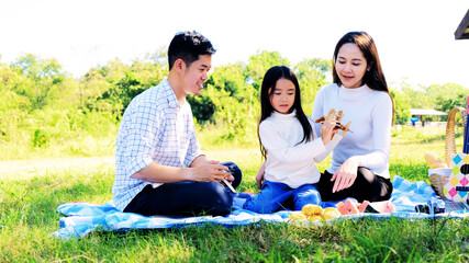 Asian portrait family trip father mother and daughter enjoy relaxation playing selfie with family to lifestyle freedom family vacation caucasian asian.one day trip new normol Coronavirus covid 19