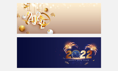 Fototapeta na wymiar 2022 Happy New Year Celebration Banner Or Header Design In Golden And Blue Color Options.