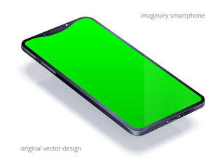 Obraz na płótnie Canvas Imaginary mobile phone with a green screen. Chroma key for animated and video presentation of mobile apps. 3D vector smartphone with original notch. Detailed mockup in perspective view. 