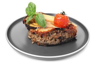 Plate of delicious eggplant lasagna isolated on white