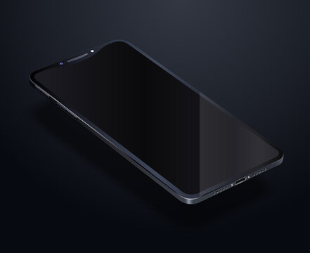 Black smartphone floating above black background. Dark template of mobile phone with a glossy blank display. Original design. Empty touchscreen. 3d vector mock up in perspective view