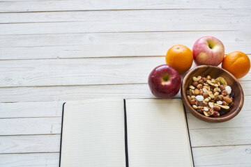 fruit cereals proper nutrition notepad breakfast diet top view