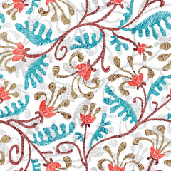 Floral seamless pattern. Embroidered paisley ornament. Grunge texture. Bohemian print for home decor, pillows, carpets, blankets. Vector illustration.