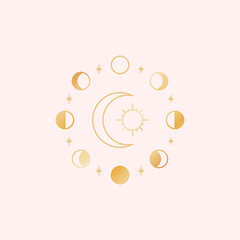 Gold Moon phases. Sun and moon tarot design. Golden icon vector illustration.