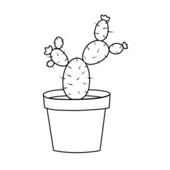 Single cute  cactus in a pot. Outline of cactus pot. Vector liIllustration of house plant for wedding  design, logo, greeting card or seasonal design. 