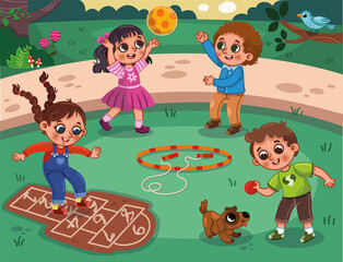 A vector illustration of happy kids playing in the playground.