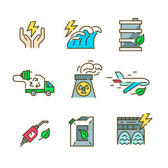 Sustainable energy. Green eco friendly alternative sources. Wave, nuclear, hydroelectric and other. Pixel perfect, editable stroke