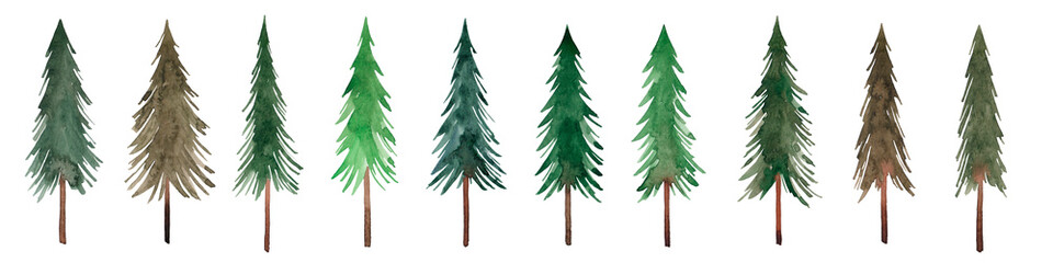 Fototapeta premium Watercolor set of Christmas green fir trees. Isolated on a white background. Coniferous forest. Holiday. New Year.