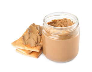 Crispy crackers and delicious meat pate on white background