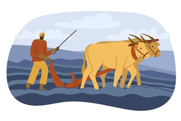 Man worker plows the land with the help of oxen harnessed to a plow. Natural farming, village. Hard manual labor. Flat style in vector illustration. India, Vietnam, Bangladesh, Cambodia, Thailand. 