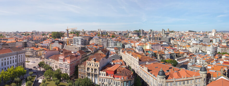Panoramic view of Porto city and Douro river. View from Clerigos Tower. Portugal.