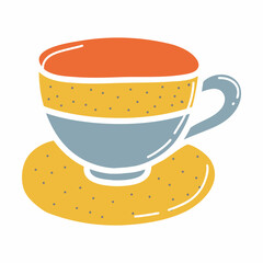 Ceramic cup and saucer, faience mug, clay dishes. Hand drawn vector illustration. Isolated element on a white background