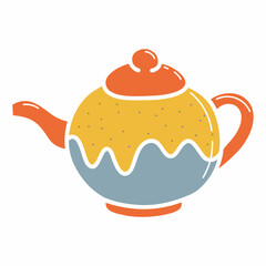 Ceramic teapot, faience, handmade clay dishes. Hand drawn vector illustration. Isolated element on a white background