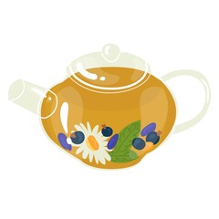 Glass  and clear teapot with tea brewed on berries and chamomile. A drink to strengthen the immune system and health. Flat style in vector illustration. Isolated element. Use for eco market and stores