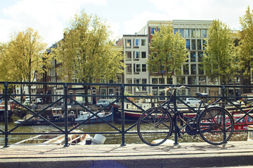 Fototapeta na wymiar Random bikes in Amsterdam city, Netherlands.