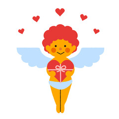 ハート型のプレゼントを持つシンプルでかわいいキューピッドのイラスト 1