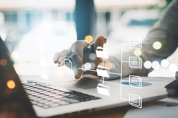 Business people use laptop computers to manage online database documents, Corporate business technology.