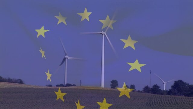 Animation of european union flag over rotating wind turbine in field