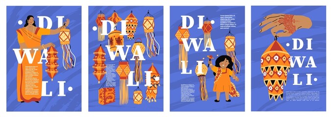 Set with four Happy Diwali Posters. Diwali Indian national holiday. Celebration traditional oriental event. Flat style in vector illustration. Festival of lights. Woman and girl with lamps.