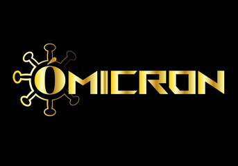 Ómicron, variante del Covid-19 en texto dorado con una partícula de la Covid-19 y todo ello sobre fondo negro. Titular de Ómicron