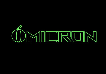 Ómicron, en texto con trazo verde neón sobre fondo negro. Titulo de la variante ómicron en verde neón sobre fondo negro. Nombre de la letra griega ómicron