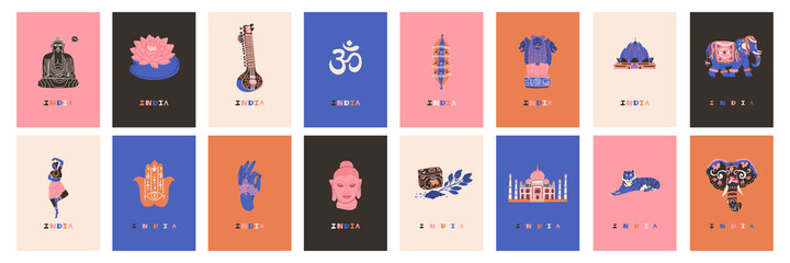Collection Posters with national Indian elements and Sights mehendi, Buddha, festival elephant, sitar, paper lanterns, Taj Mahal, tea, lotus, Hamsa hand. Flat style Vector illustration
