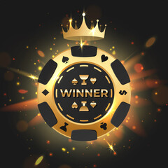 Black poker chip, gold letters Winner with golden light, rays, glare, sparkles and crown on black. Vector illustration for card, casino, game design, advertising.